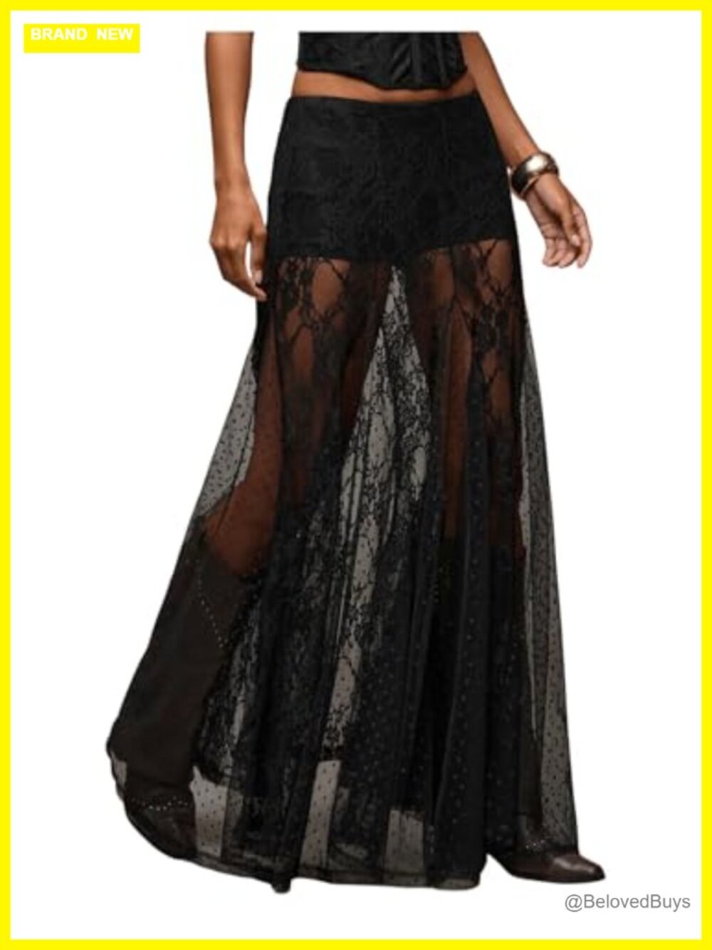 Lace Sheer Maxi Skirt Polka Dot Ruffle Asymmetrical High Low Hem